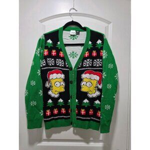 The Simpsons Christmas Sweater Cardigan Green Black Bart Snowflakes & Gifts Medi
